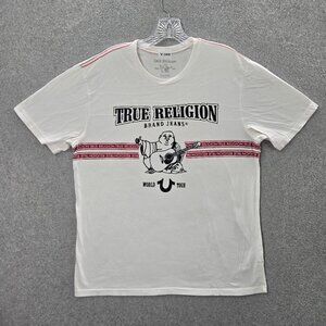 True Religion Men Shirt Large White Striped Logo Graphic Print Short Sleeve Tee